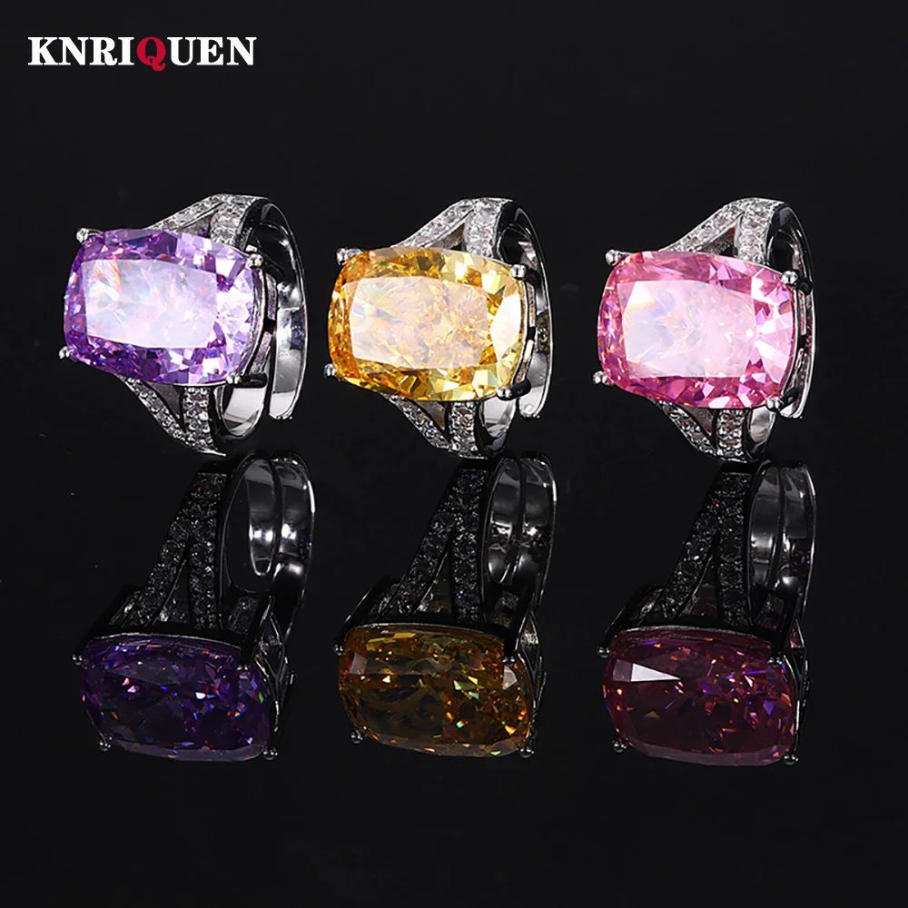 2024 Trend Iced Cut 12*16MM Topaz Amethyst Pink Quartz Ring Gemstone Lab Diamond Ring for Women Cocktail Party Fine Jewelry Gift