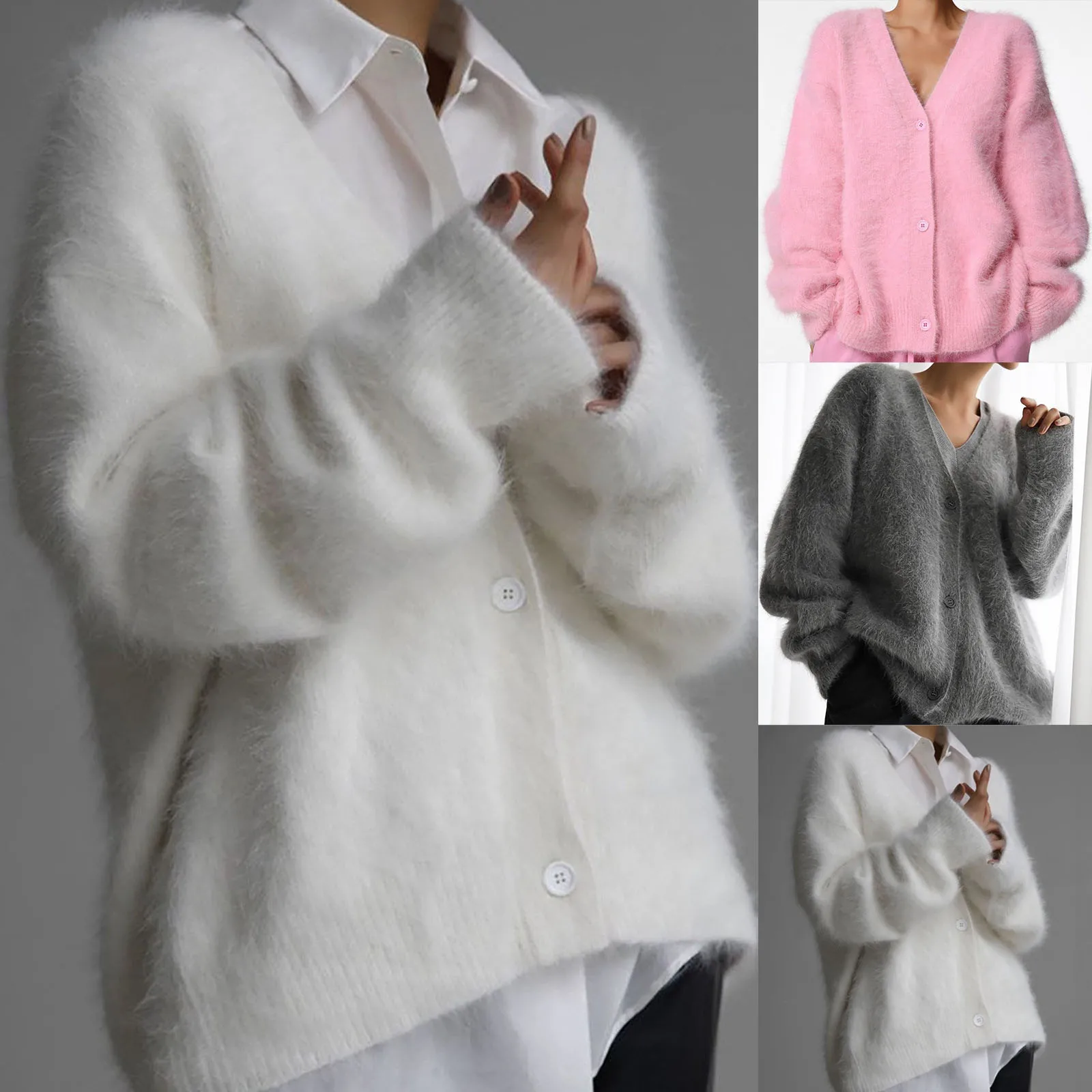 Autumn Winter Women Solid Knitted Cardigan Elegant V Neck Long Sleeve Lazy Loose Sweater Lady Commuting Warm Tops Knitwears