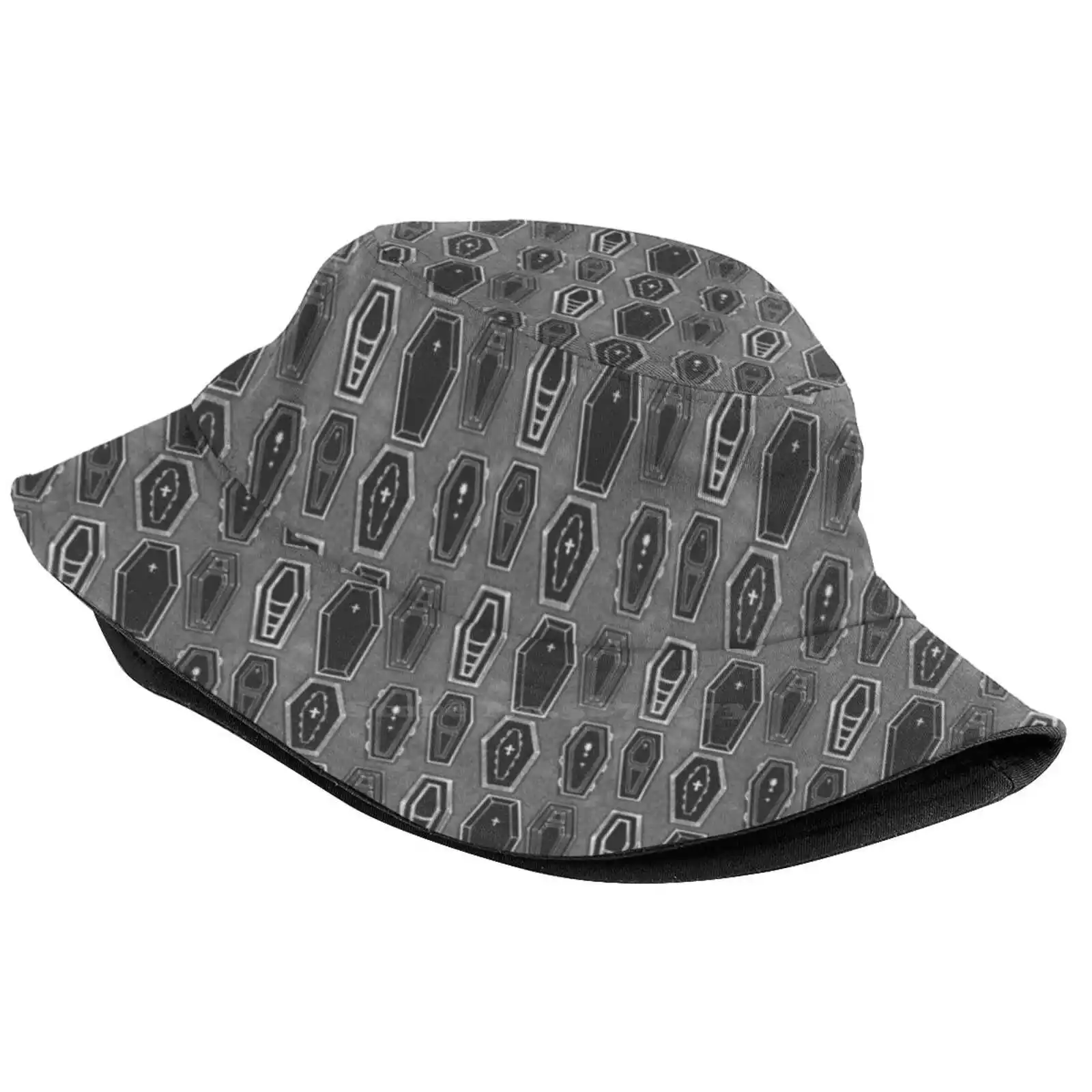 Grey Coffin Pattern Foldable Panama Bucket Hat Cap Coffins Death Goth Spooky