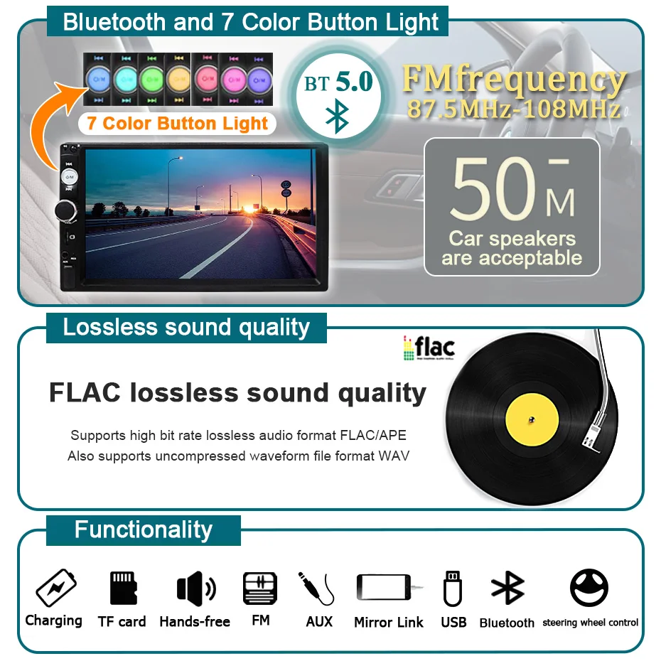 Radio de Coche 2 DIN, Pantalla Táctil HD de 7 Pulgadas, Reproductor Multimedia, Estéreo Universal para Coche, Reproductor MP5, Carplay, Android Auto, Cámara 7010 2