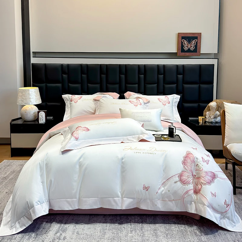 

Butterfly Embroidery Bedding Set Luxury White Pink 100% Cotton Duvet Cover Fitted Bed Sheet Pillowcases Home Textile
