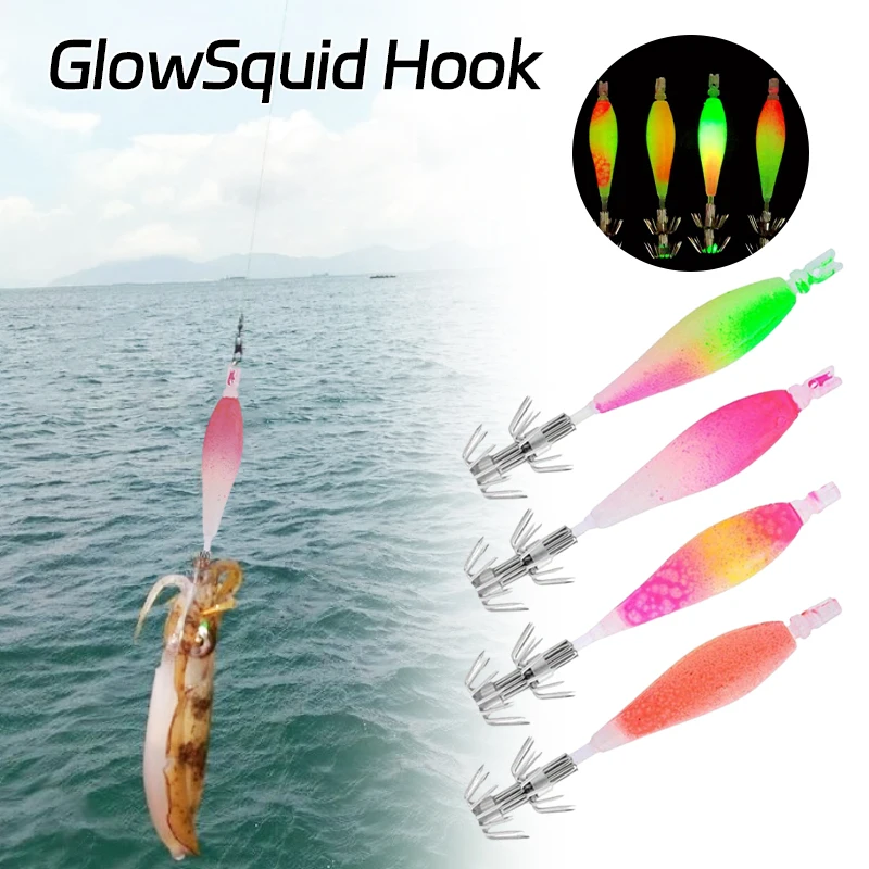 4Pcs Luminous Shrimp Fishing Bait Metal+Silicone Fluorescent Squid Jig Hooks Octopus Lure Fishing Accessories Tackles Equipment