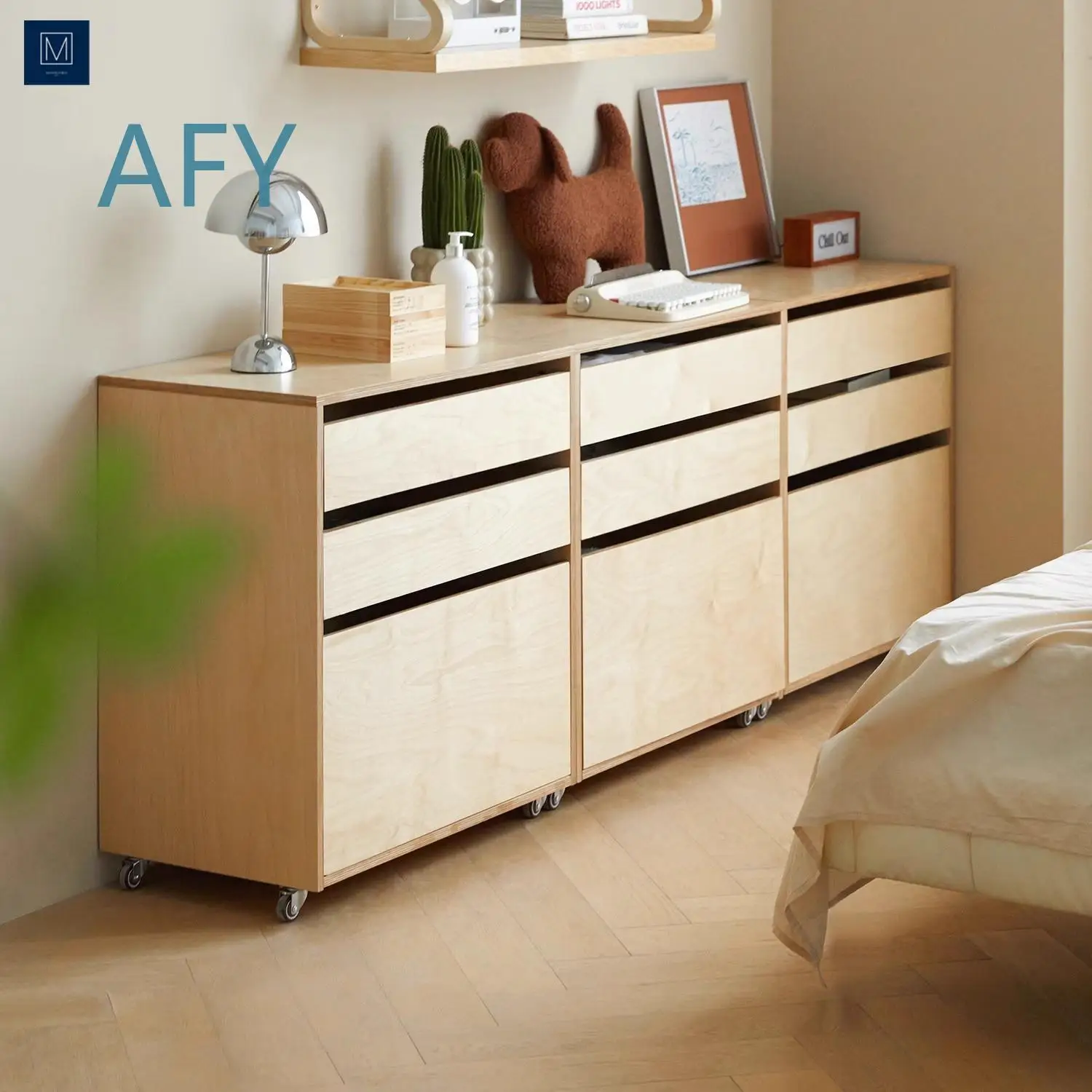 Ocean Board Coffee Cabinet for Living Room Dining Area Storage Cabinet for Small Home Use Drawer Chest with Wheels Mobile