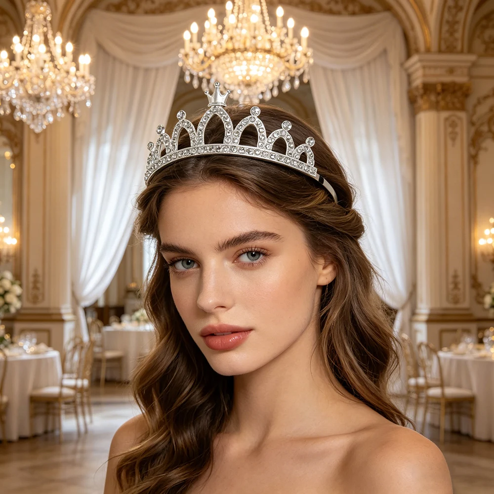 2026 New Cross-border Minimalist Crown Alloy Rhinestone Hair Accessories for Party Banquet Daily Wear view 2
