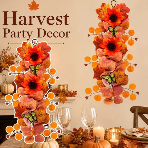 1PC Thanksgiving Hanging Maple Leaf Vine Wall Autumn Wreath Decor Butterfly Door Hanging for Porch Harvest Display