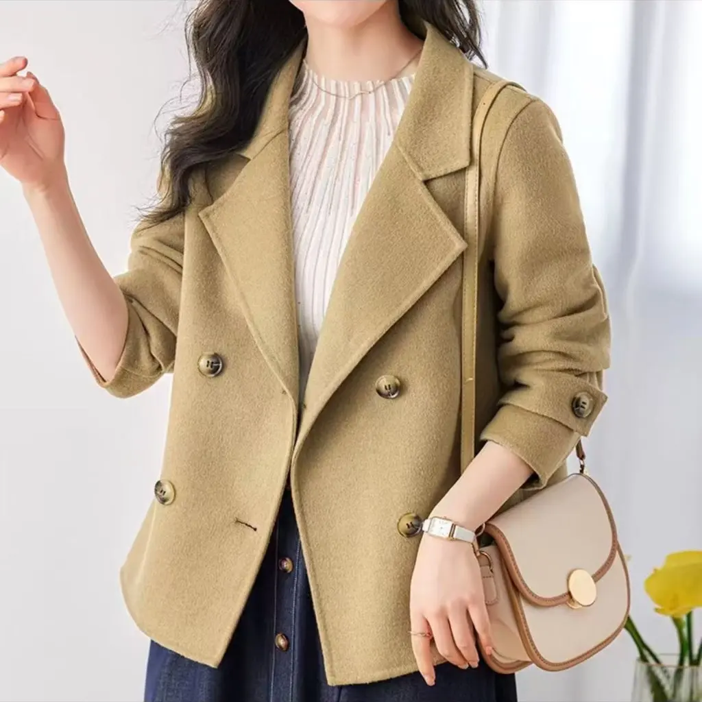 

Women's Double-breasted Short Woolen Coat Spring Autumn Fashion Simple Goddess Style Double-sided Plush Outerwear