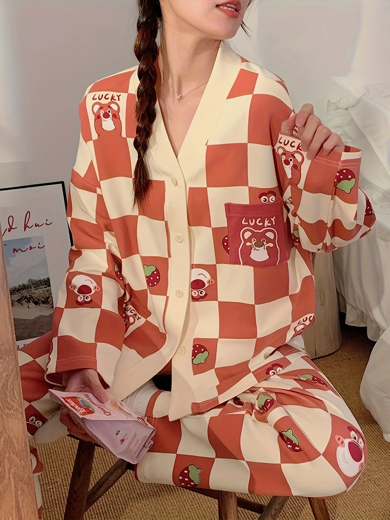 

2025 New! Women's Cardigan Pajama Set - Cute Cartoon Checkered Long Sleeve Pants Spring Autumn Sweet Outdoor Loungewear