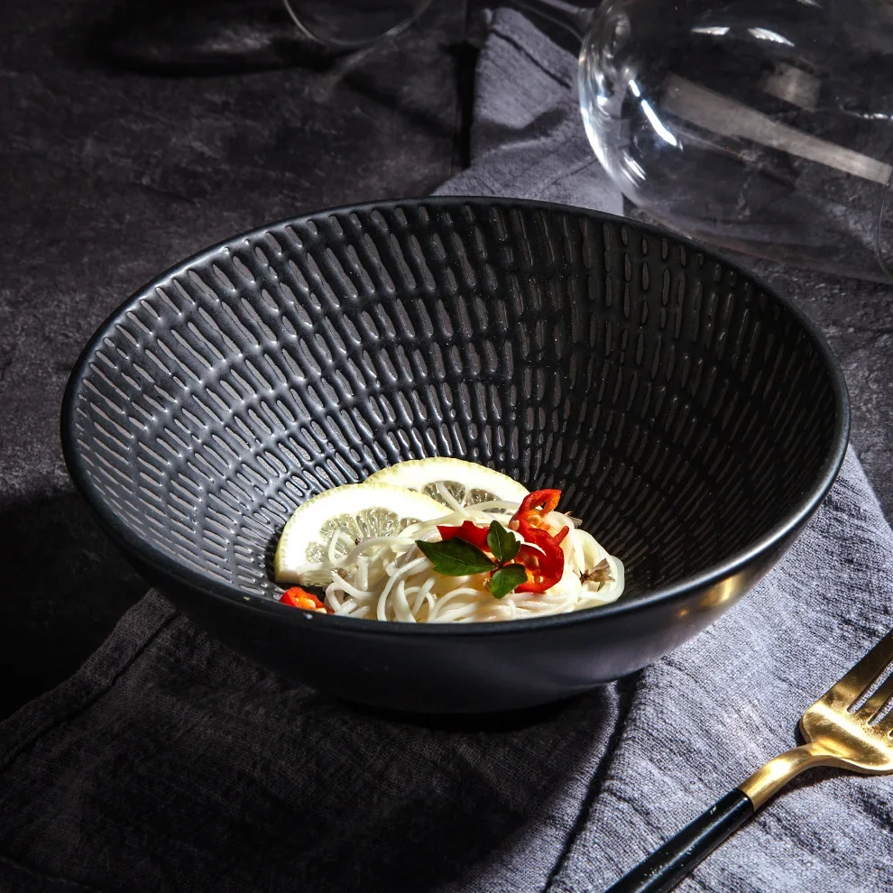 Japanese tableware, specialty restaurant noodle shop soup bowl 7 inch black retro striped ceramic round deep noodle