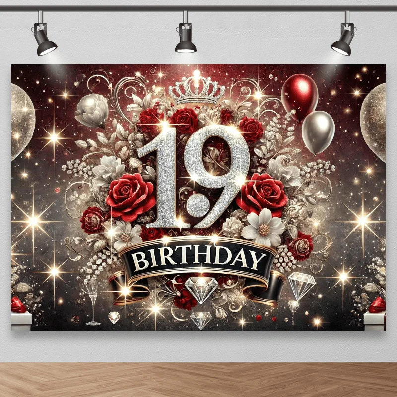 Fotohintergrund zum 19. Geburtstag, rote Rosen, Diamantdetails und Kronen – Party, Feier