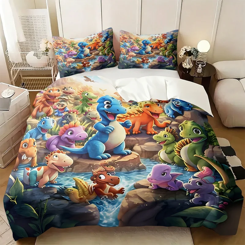 Cartoon Dinosaur Duvet Cover Set(1 Duvet Cover & 1/2 Pillowcase) Kids Aesthetic Bedding Set Soft Microfiber Bed for Bedroom