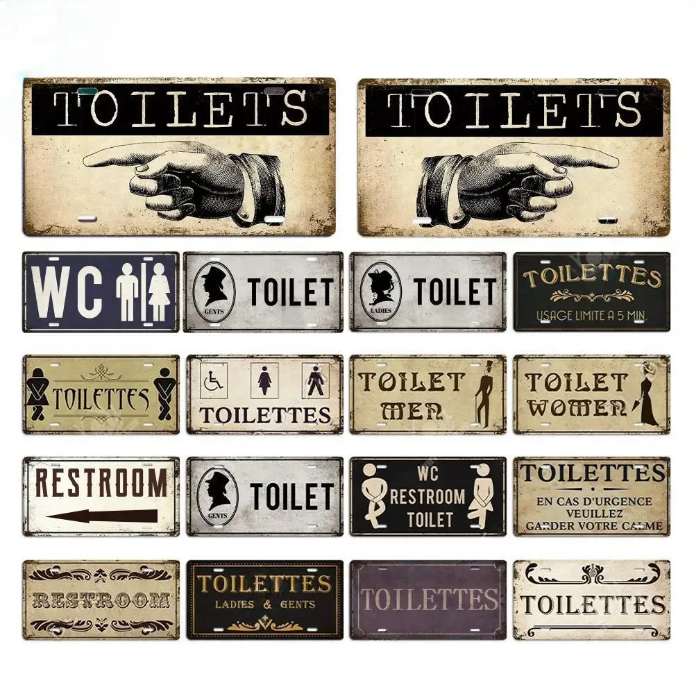 Vintage Restroom Metal Sign Plaque Metal License Plate for Bar Club Toilet Bathroom Restroom Toilettes Door Bar Club Cafe Decor