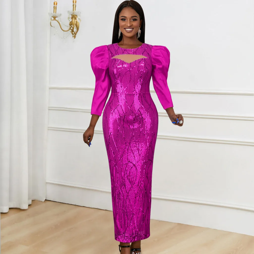 

Fashion Women Elegant Long Sleeves Sequins Hollow Out Long Dress Party Midi Gowns