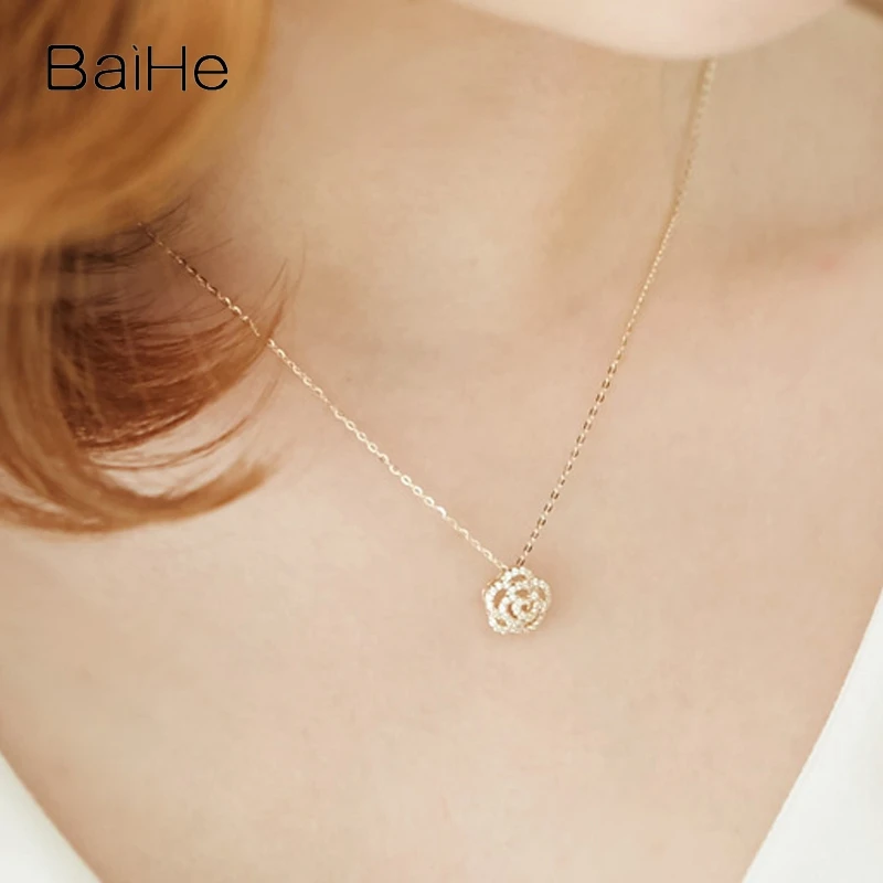 BAIHE Solid 14K Yellow Gold H/SI Natural Diamond Flower Necklace Women Trendy Fine Jewelry Making Collar flores Tahei Puawai