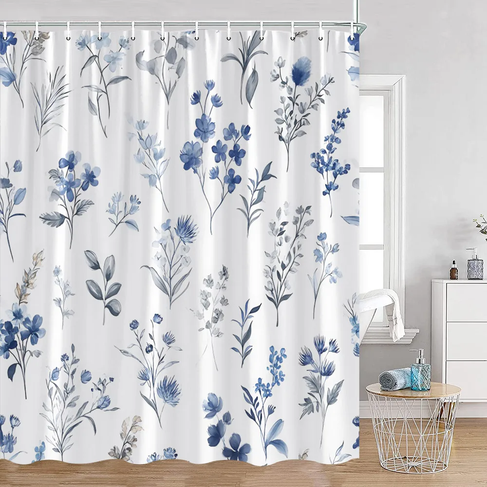 Green Eucalyptus Leaves Shower Curtain Butterfly Watercolour Plants Blue Floral Bath Curtains Modern Bathroom Decor with Hooks