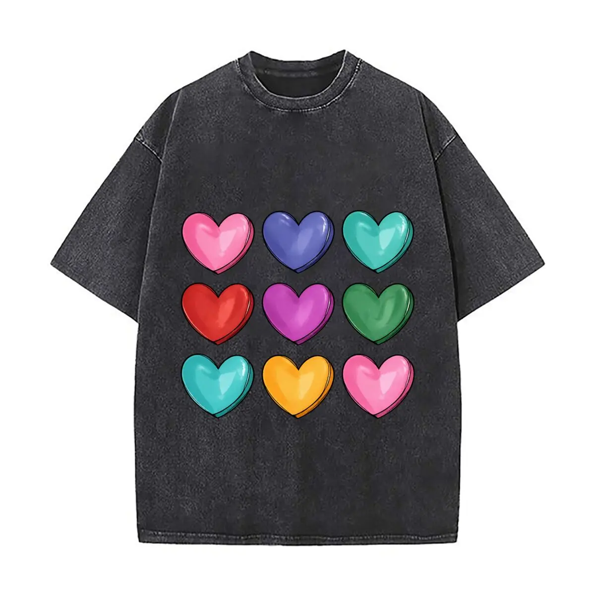 Colorful Hand Drawn Glossy Heart Pattern Washed Short Sleeve Loose Streetwear Tee Hip Hop