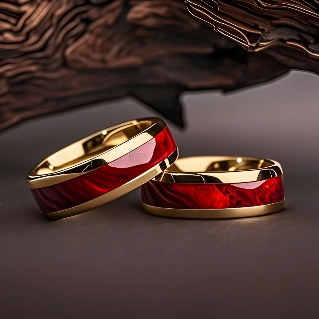 8MM Fashion Men Women Red Stone Inlay Stainless Steel Rings Unique Wedding Engagement Jewelry Party Steel Ring Accessories