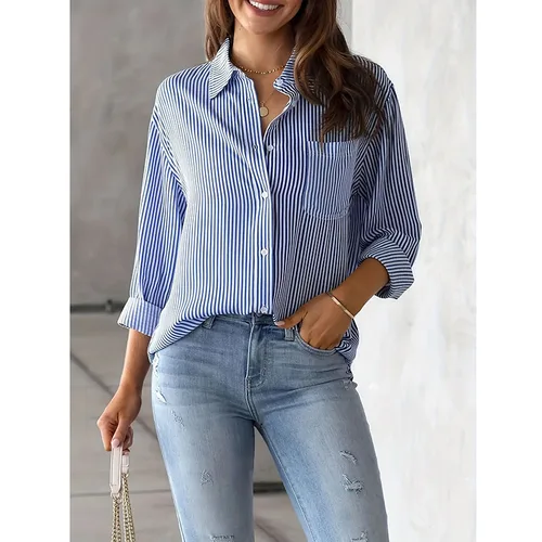 Imagen 2 del producto Camisa clásica a rayas azules para mujer, ropa de calle de otoño 2021, blusas Vintage de manga larga, camisas holgadas informales de un solo pecho para mujer
