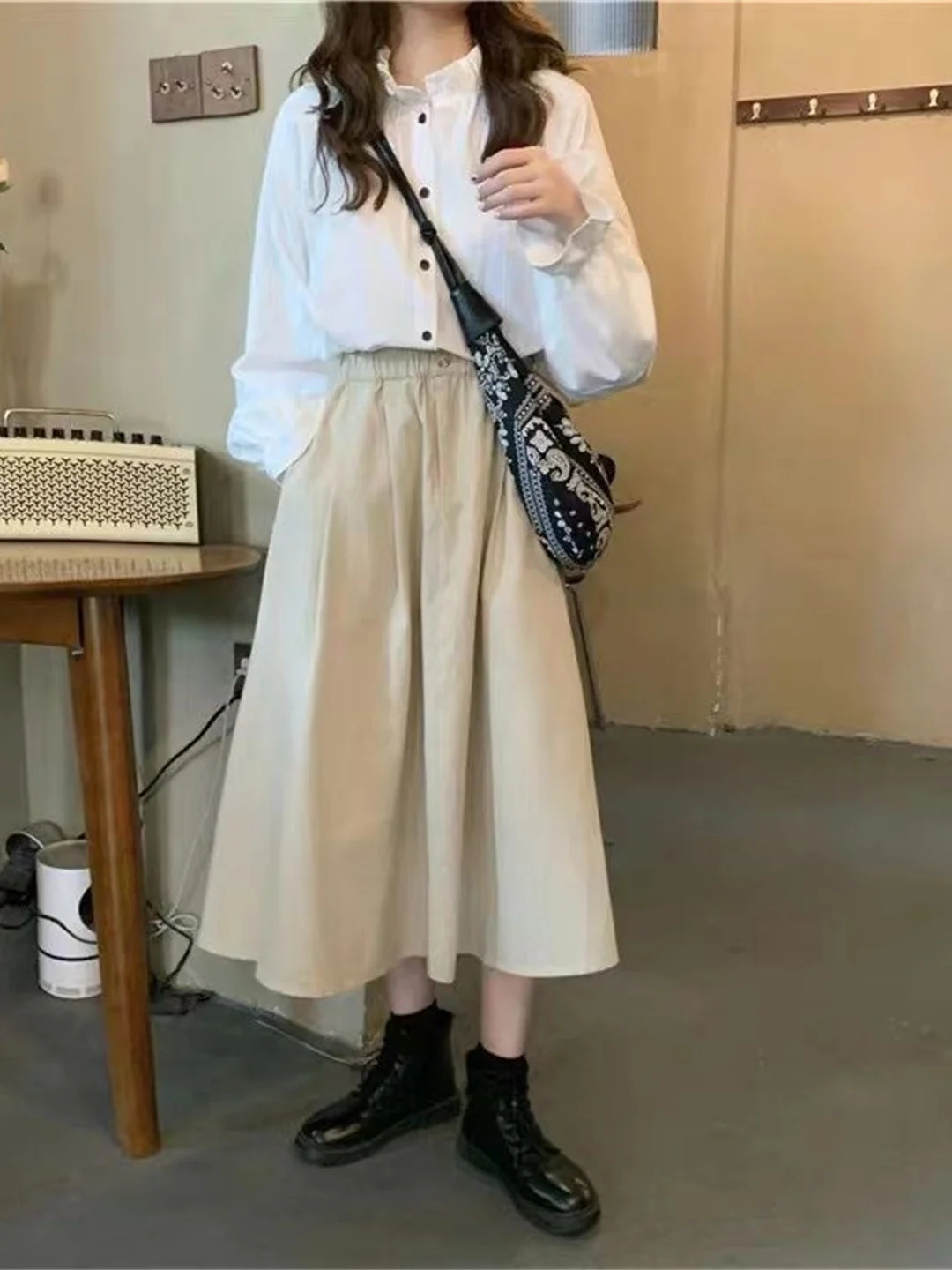 

Женская юбка-миди цвета хаки с высокой талией, весенне-осенняя рабочая одежда трапециевидной формы, летняя юбка-зонтик с широким подолом, утягивающая бедра