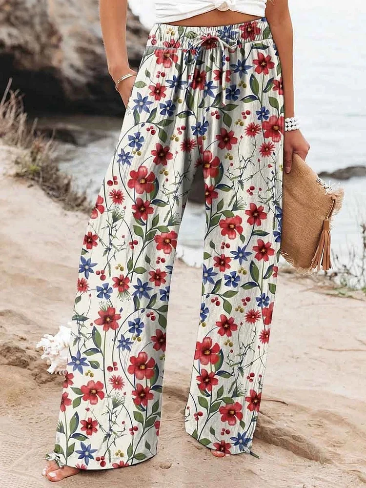 مخطط طباعة فضفاضة تناسب المرأة سليم قطع واسعة الساق السراويل استرخاء مستقيم الساق السراويل الرباط تصميم سراويل تقليدية عصرية