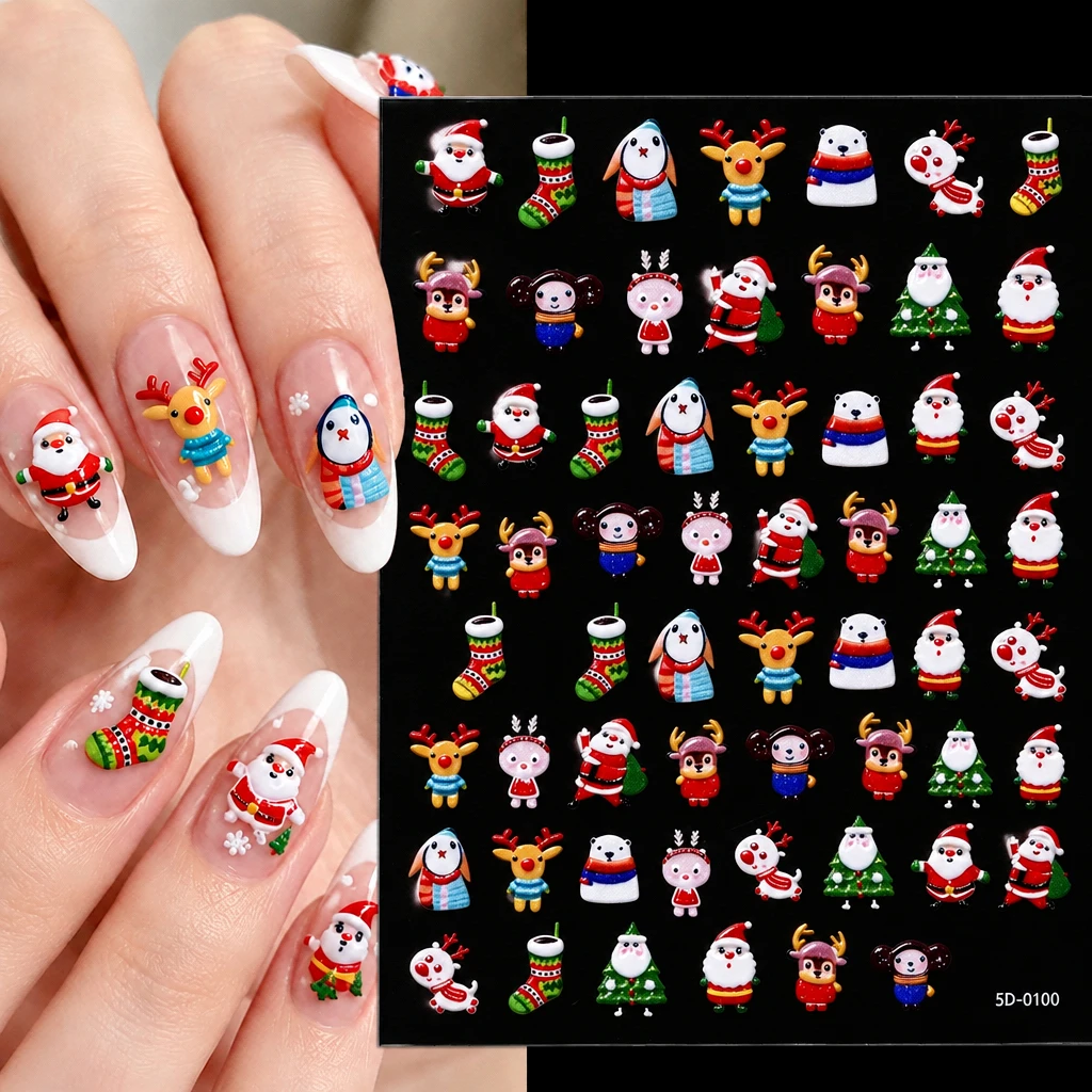 5D Embossed Cartoon Christmas Nail Art Stickers Self Adhesive Santa Reindeer Penguin Bear Monkey Cute Xmas Manicure Slider