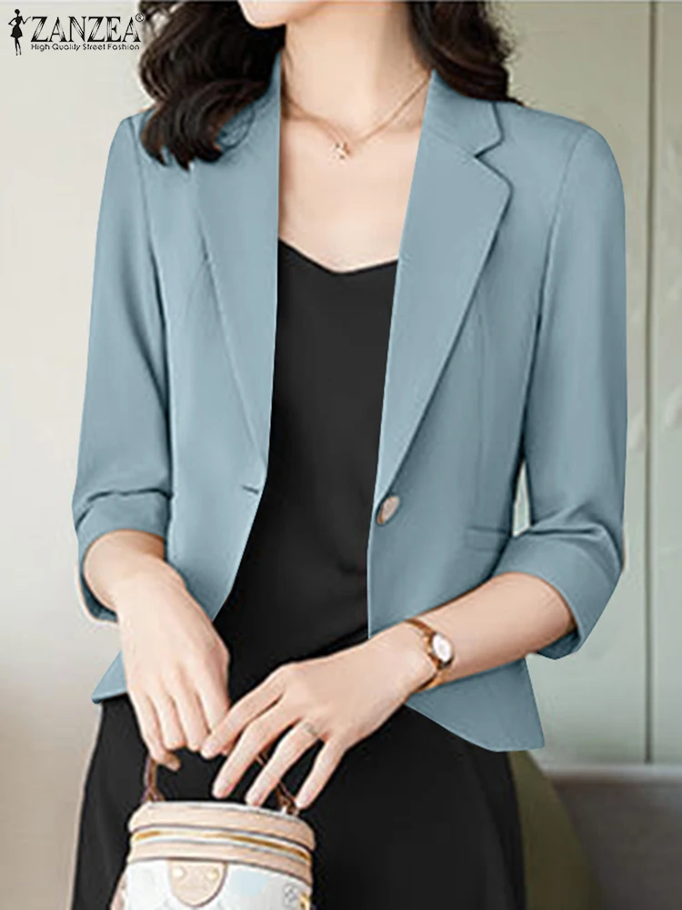 ZANZEA Summer Office Ladies Suits Jackets Casual Lapel Neck 3/4 Sleeve Blazer Women Elegant Thin Outwear Female OL Work Tops