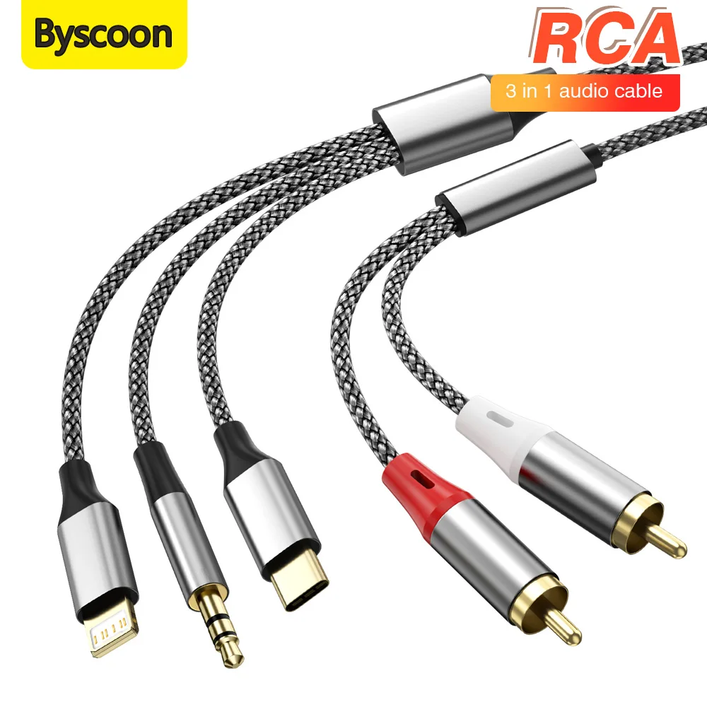 3 em 1 para cabo rca adaptador de áudio aux 3.5mm, usb c, relâmpago para 2 rca cabo de áudio para amplificador carro alto-falante de cinema em casa