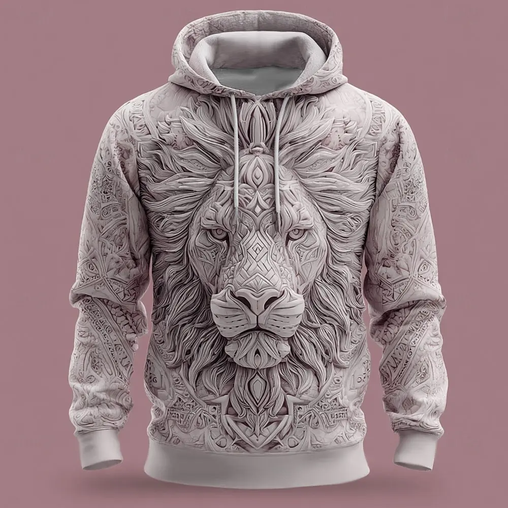 2026 Herbst Winter Herren Vintage Tier Löwe 3D-Drucke Kapuzenpullover Sweatshirt Langarm Rundhalsausschnitt Streetwear Kordelzug Tops