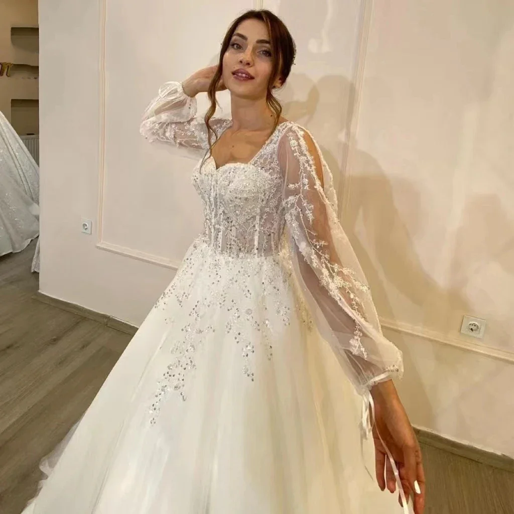 White charming elegant A-line square collar tulle puffy long sleeve lace applique mop floor custom bridal dress women's style