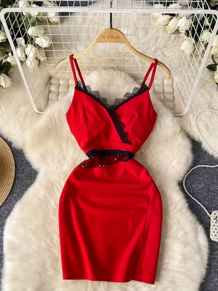 ssTss Women's Lace Trim V-Neck Spaghetti Strap Dress Sheer Mesh High Waist Mini Bodycon Dress for Party Club