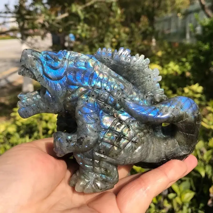 1pcs Natural Labradorite Quartz Dinosaur Carved Powerful Animal Statue Healing Crystal Crafts For Home Decoration Accessories