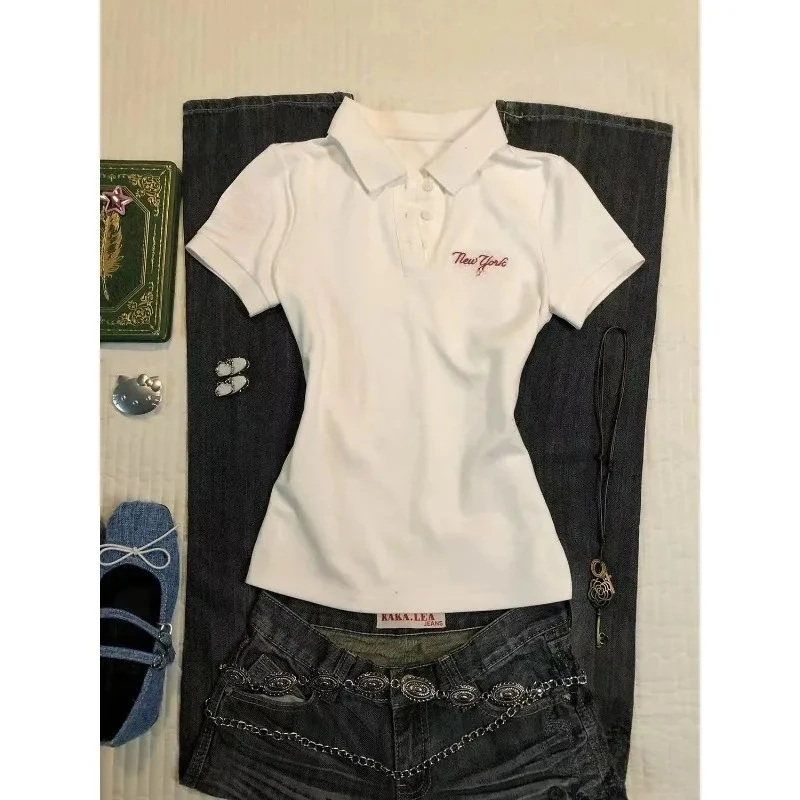 Deeptown White Vintage Letter Embroidery Women's T-Shirts Basic Short Sleeve American Style Polo Collar Tees Slim Gyaru Summer