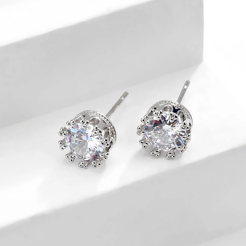 ZAKOL Fashion Crown Women Classic Shining Round Cz Zircon Small Stud Earrings Gold Color Ears for Men Crystal Party Jewelry