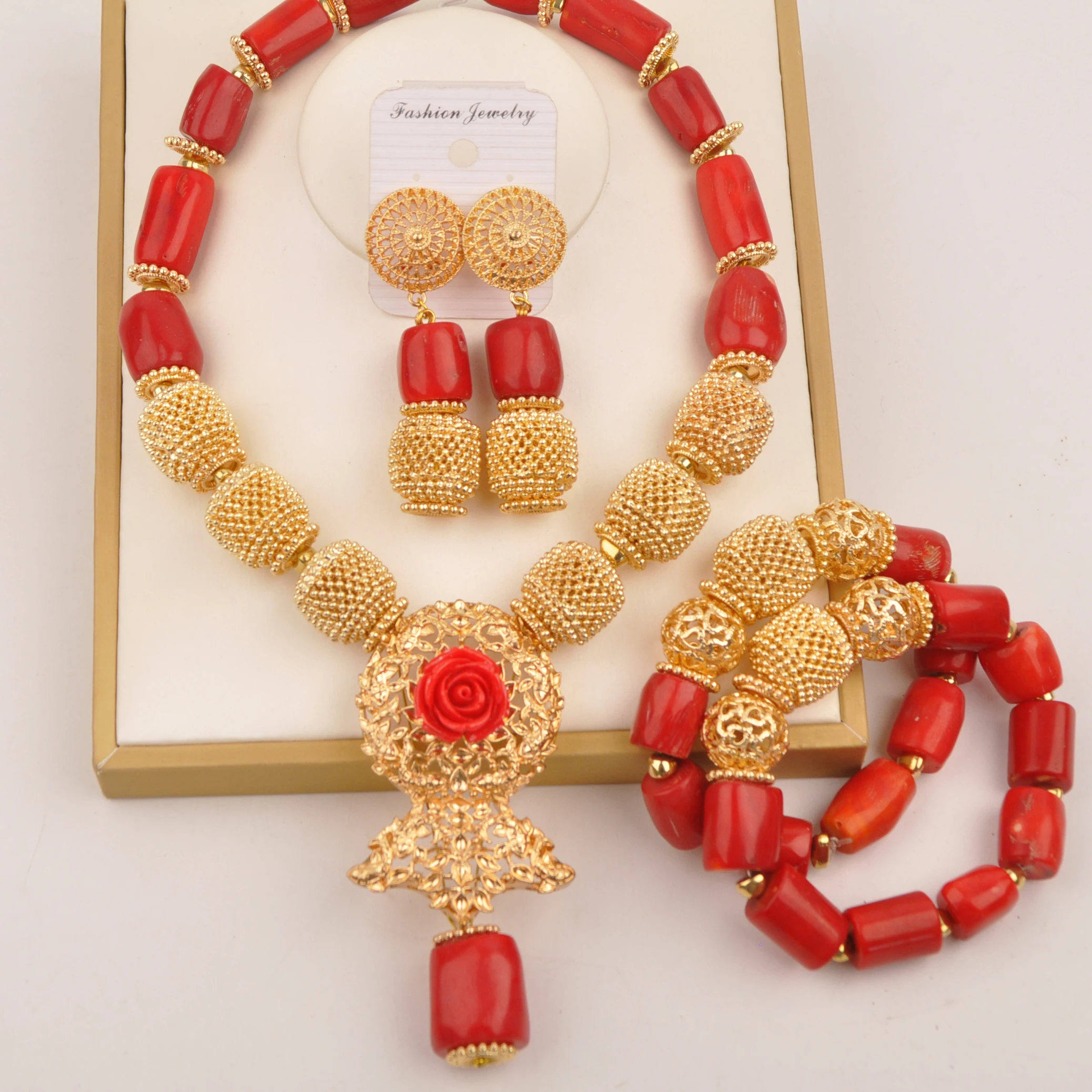 

Nigerian Red Coral Beads Jewelry Sets African Bridal Wedding Set