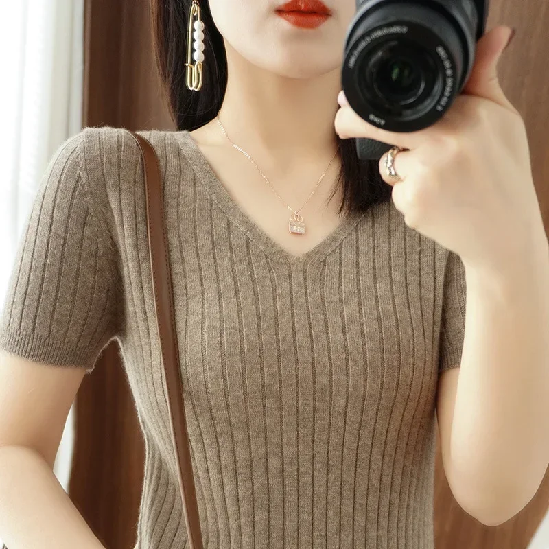 2024 Spring Summer Women Sweater V-neck Short Sleeve Tshirt Korean Fashion Knitwears Slim Fit Pullovers Bottoming Inner Knit Top