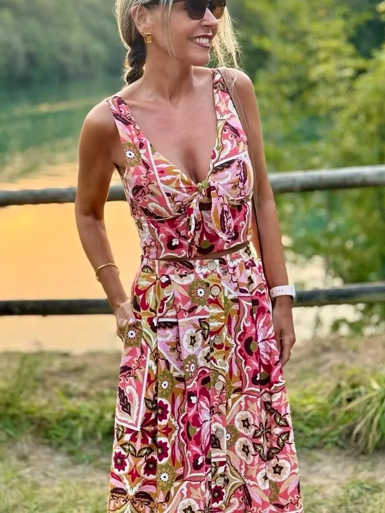 

HH женский комплект юбки, шикарный v-образный вырез, без рукавов, с принтом, украшение в виде узла, короткий топ + модная юбка-миди с высокой талией и карманами на пуговицах