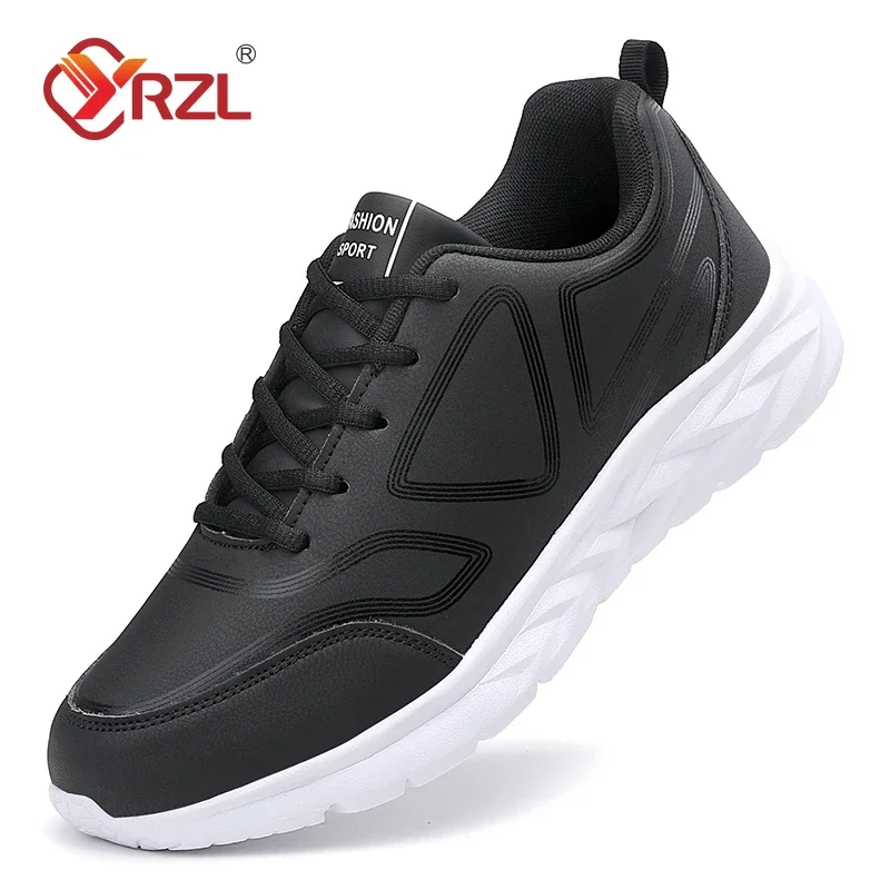 YRZL Black Running Shoes Leather Waterproof Athletic Sneakers Men Wear-resistant Men Walking Sport Shoes Comfortable Men Shoes