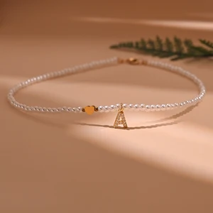 Colar de pingente coração em aço inoxidável para mulheres, pérola de imitação artesanal, letra inicial, bijuterias fashion 10 principais vendas colar letra perola - №2