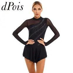 Womens Figure Skating Jumpsuit Sheer Mesh Splice Long Sleeve Dancewear Ballet Dress Rhythmic Gymnastics Leotard Dancing Bodysuit