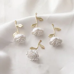 2PCS 14K Gold Plated Vintage White Rose Flower Pendant DIY Earring Necklace Material Accessories