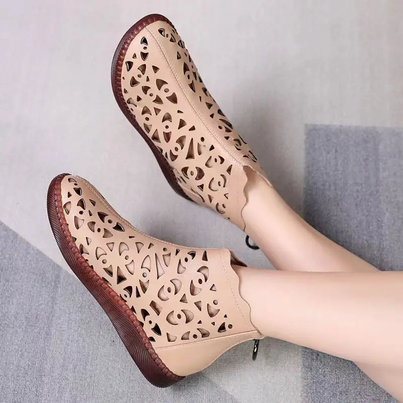 Spring Summer 2024 Genuine Leather Sandals Women\'s Breathable Hole Boots Flat Soft Non-slip Comfortable Shoes Sandalias De Mujer