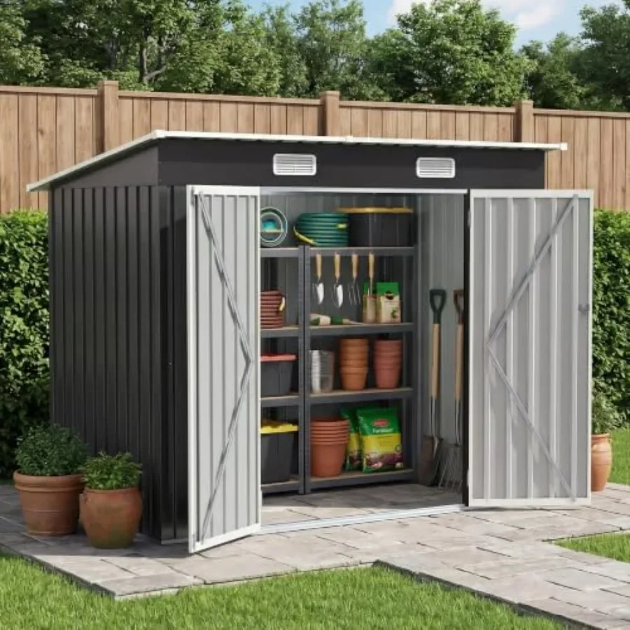 8X4FT Outdoor Storage Shed, Metal Outside Sheds for Backyard, Grey