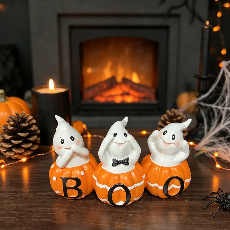 BOO Pumpkin Ghost Resin Figurine Set, 3Pcs No See No Hear No Speak Ghost Pumpkin Ornament, Halloween Tabletop Party Decor