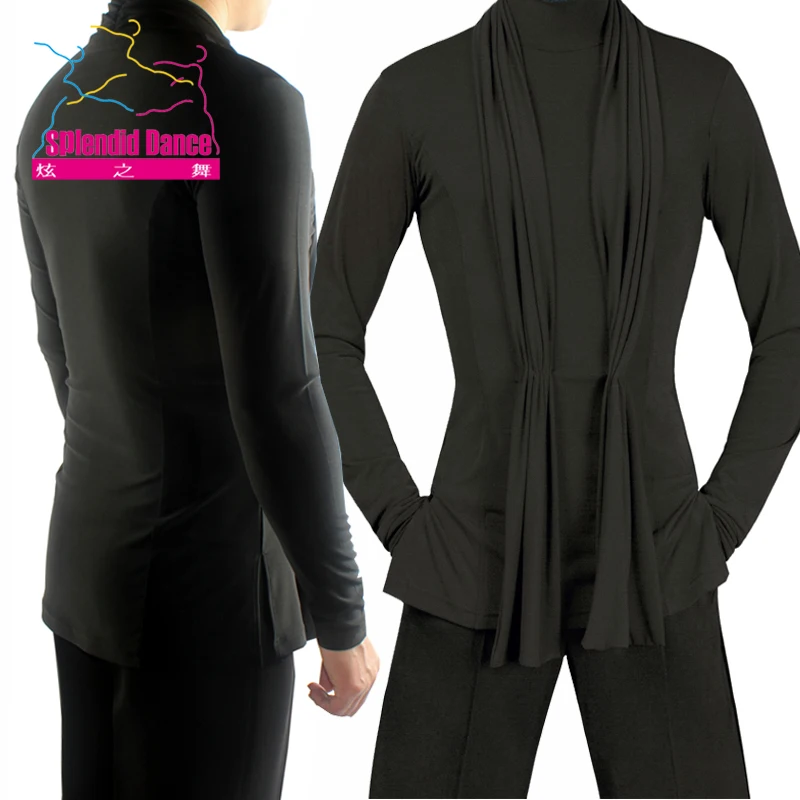 Aangepaste Fantasia Latin Dance Tops Zwart Lange Mouw hoge kwaliteit stretch Shirt Nieuwe Mannen Ballroom Competitieve Shirts