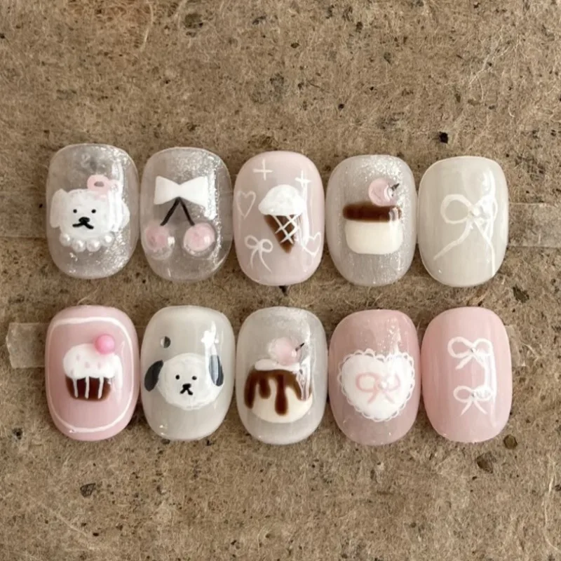 

24PCS Cream Pink Short Square False Nails Fluffy Puppy Cake Cute Cherry Tips Wearable Simple Ins Shiny Nails Press on Nails Art