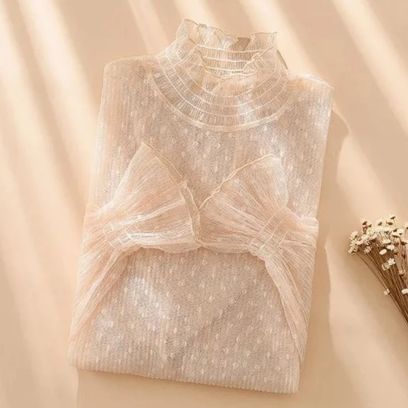 المرأة مثير شبكة انظر من خلال تي شيرت طويل جرس كم الجوف خارج بلوزة الصيف شفافة شير عالية الرقبة قاع الأساسية المحملة #5