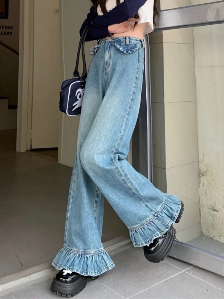 

Loose High-Waisted Microflared Trousers Wide-Leg Casual Pants Street Sle Asymmetric Cotton Polyester Blend Denim Jeans