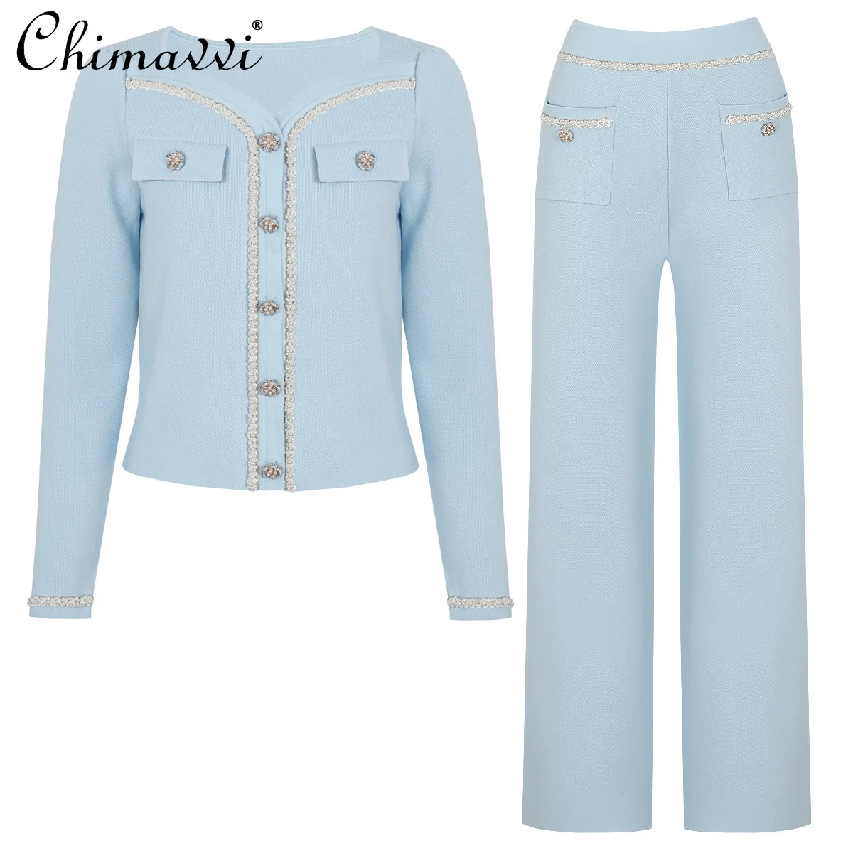 

High-end Fashion Pants Suit Spring New Heavy Beading Long Sleeves Knitting Tops Coat Pants Elegant Women's Two-piece Set