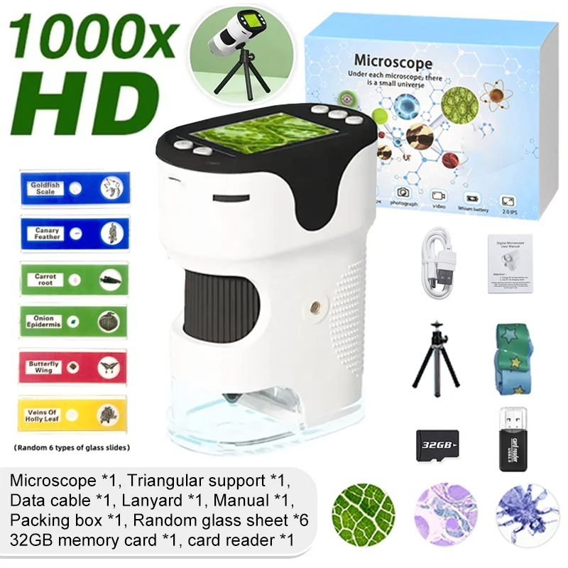 Microscope for Kids, 1000X Portable Pocket Microscope Miniscope, with 2” LCD Screen Handheld Kids Microscope,Adjustable LED,