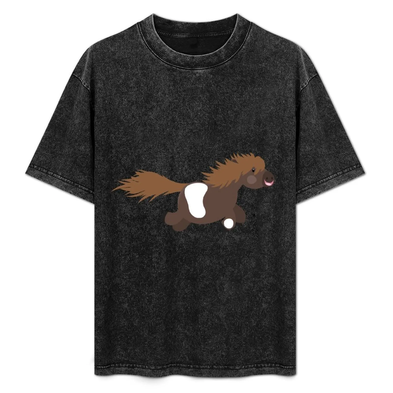 Camiseta con ilustración de dibujos animados de un lindo y feliz pony de Shetland, camiseta básica transpirable de color sólido