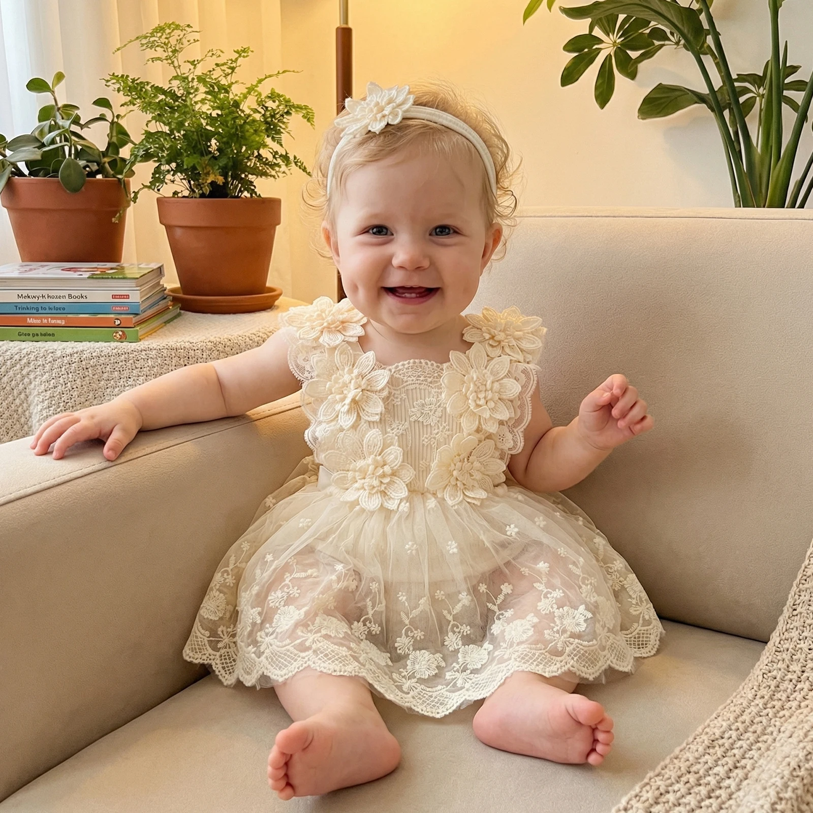 Baby Girl Princess Lace Romper Dress Summer Cute Flower Sleeveless Tulle Bodysuits Jumpsuit with Headband